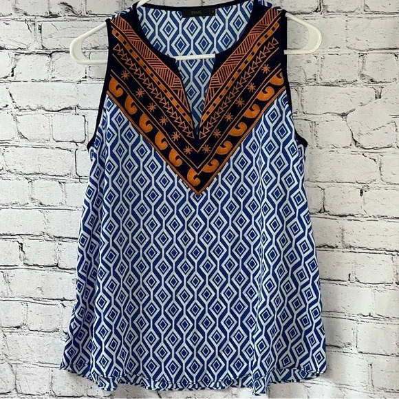 THML Anthropologie Blue Geometric Print Sleeveless Blouse with Embroidery Detail - Picture 1 of 9
